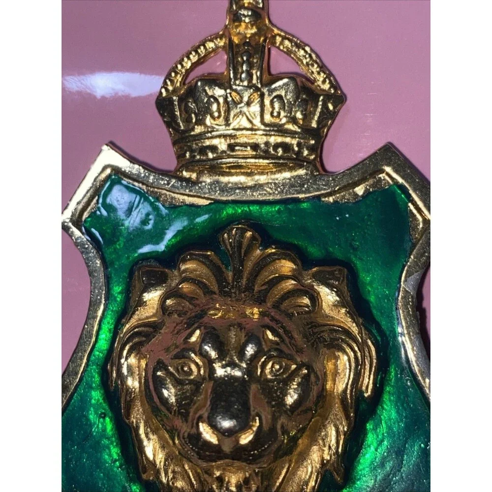 Lion Shield Enamel Brooch Pin Gold Green Enamel Metal Animal Crest Needs Repair
